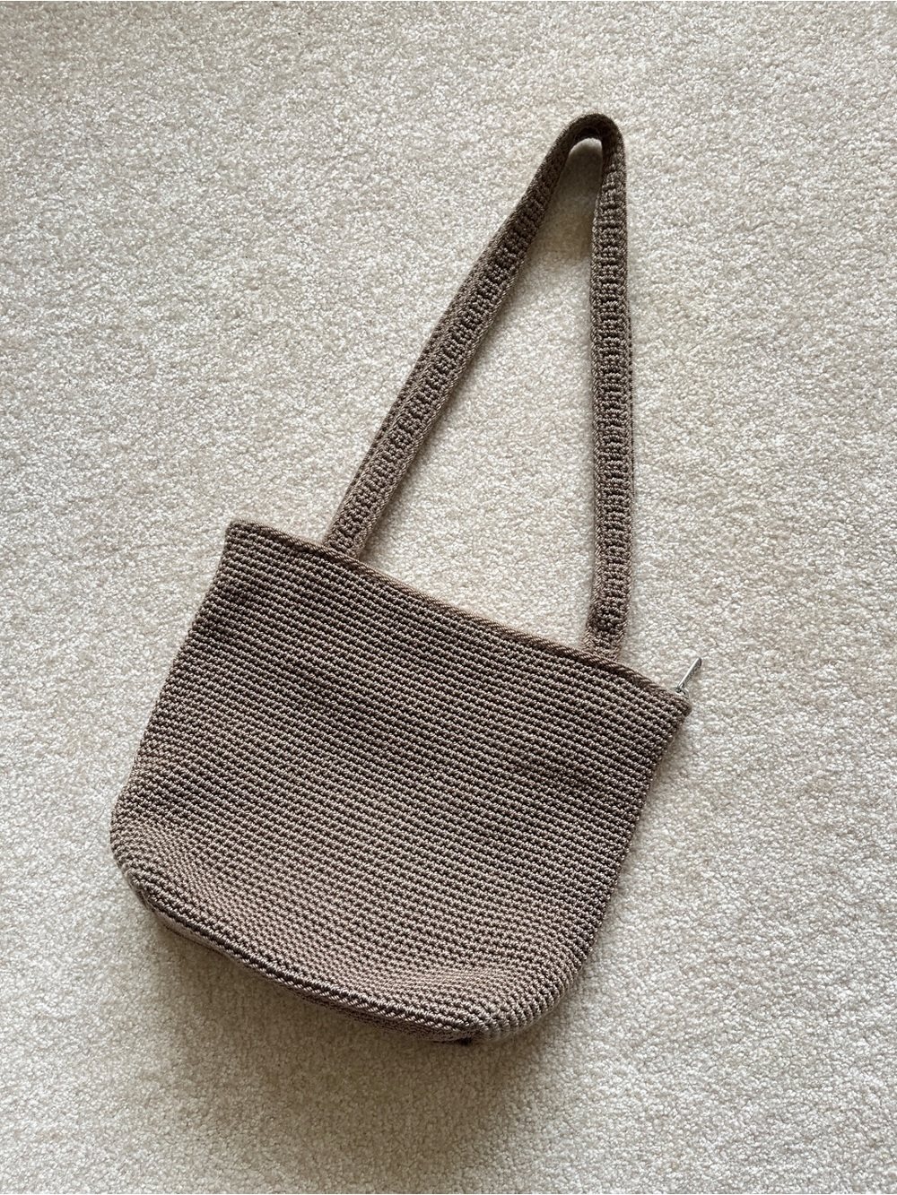 Vintage 90's The Sak Taupe Crochet Knit Brown Tote Shoulder Bag, Long Straps